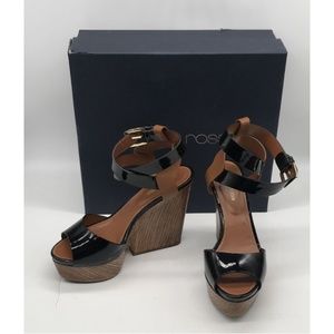 Sergio Rossi black patent leather open toe ankle strap wooden heel sz 37